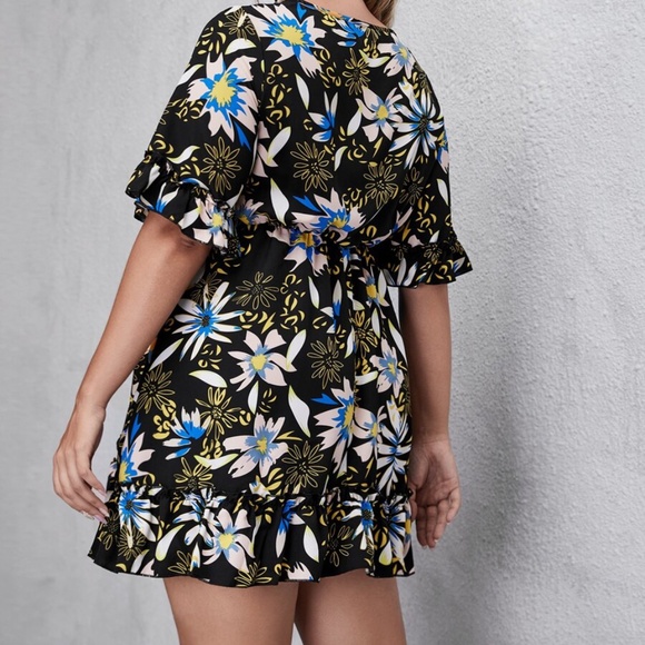 PLUS SIZE Floral Front Tie Ruffle Midi Dress Black - Picture 9 of 11